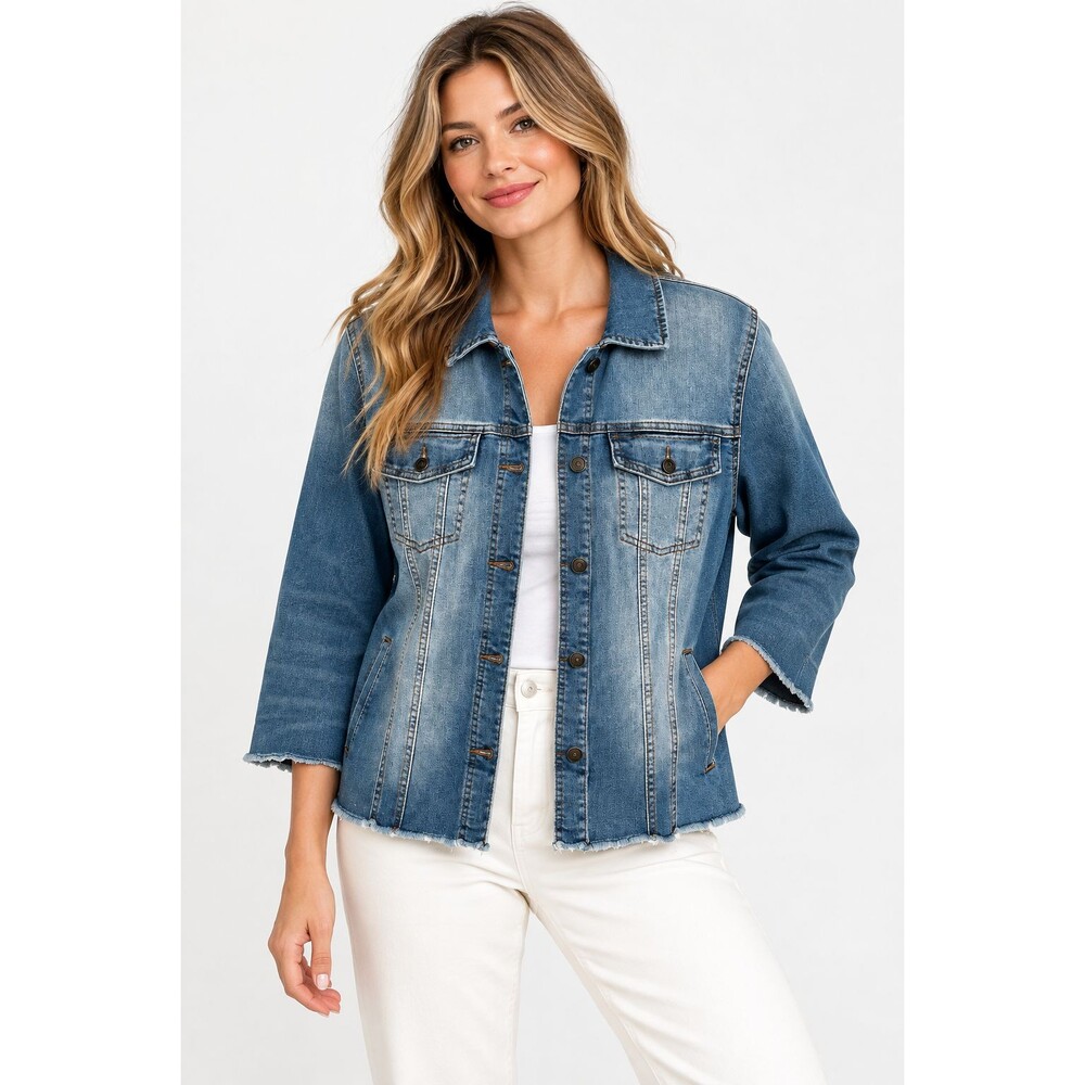 LOGO Lori Goldstein Denim Jacket Size 12 Button Front Blue Raw Hem Classic